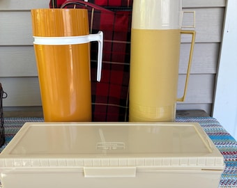 Vintage Thermos Picnic Set- Red Plaid Bag Double Zipper Compartment Food Thermos Drink Thermos Rectangle Food Container 1970s Thermos Set