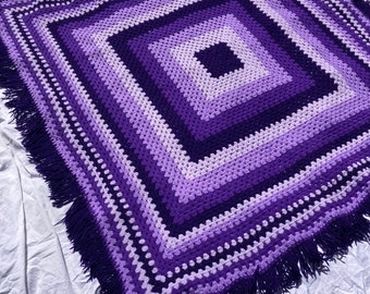 Funky Purple Throw Blanket - Square Handmade Vintage Afghan Decorative Living Room Bedroom Decor