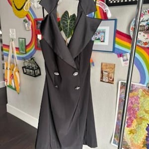 90's Halter Top Dress- Black Tuxedo Style Halter Dress Party Dress Sleeveless Black Dress Open Back Dress Black Cocktail Dress