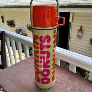 Dunkin Donuts Thermos- Vintage 1970s Dunkin Donuts Thermos Retro Pink Orange Made in USA Hot Cold Beverage Drink Carrier