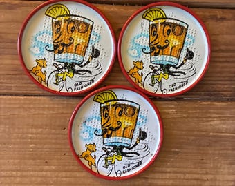 Vintage Coasters- Set Of 3 Tin Litho Coasters Old Fashioned Cocktail Retro Bar Accessory Anthropomorphic Cartoon Funny Coasters MCM Decor