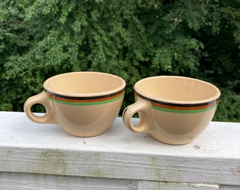 Set of 2 Retro Striped Mugs - Vintage 70s Black Brown Green Tan McNicol China Restaurant Hotel Mug Lodge Cabin Coffee Tea Hot Coca Mug Set