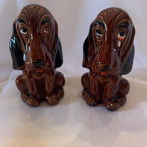 Vintage Dog Salt and Pepper Shakers- Enesco Japan Brown Dachshund Sad Puppy Face Ceramic Kitsch Kitchen Decor Dog Lover Housewarming Gift