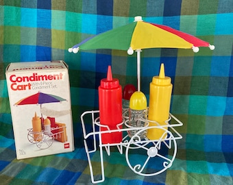 1980s Condiment Cart - Vintage Picnic Set Ketchup Mustard Salt Pepper Napkin Holder Caddy Cookout BBQ Lunch Fun Serving Utensils Decor