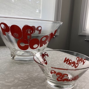 Vintage Wheaton Glass Popcorn Bowl Set - Red Popcorn Bowl Large and Small Retro Mod 1970s Movie Night Style