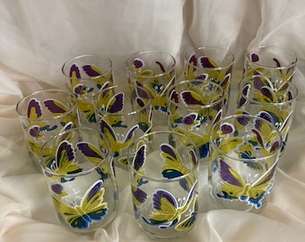 1970s Butterfly Water Glasses - Vintage 1970s Stained Glass Butterfly Libbey Mid Mod Barware Drinking Short Water Glass