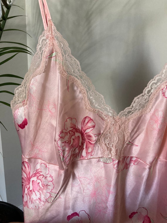 USA Vintage flower lace lingerie dress♡ Pink Floral Silky Maxi Dress - Vintage Sexy Pink Flowers
