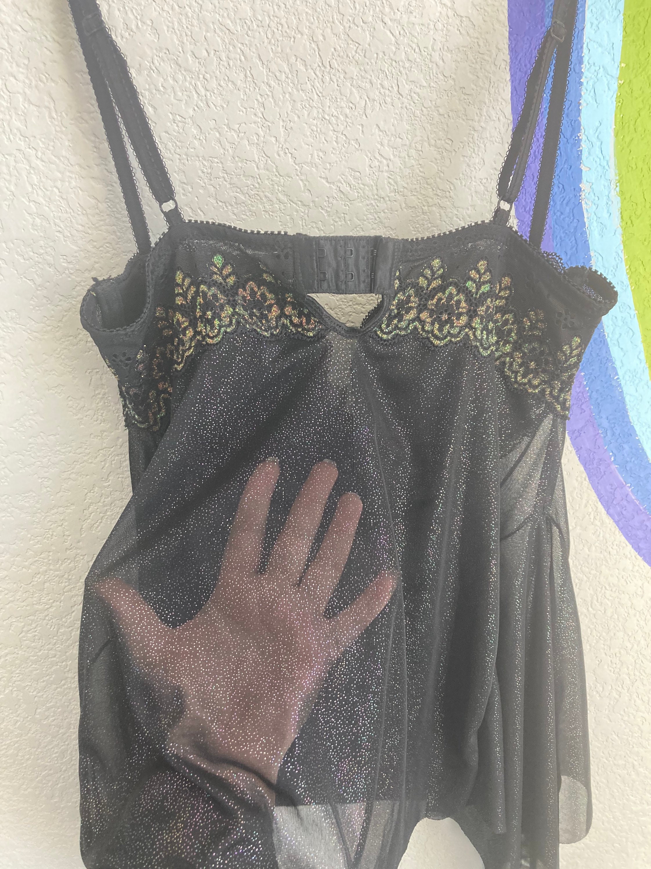 Sparkly Black Negligee - Sexy Little Things Black Bra Lingerie Top  Asymmetrical Hem Padded 36C Nightie Gown Discontinued Victorias Secret