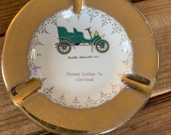 Vintage Car Advertisement Ashtray- Vintage Sabin 22K Gold Rim Ashtray Antique Car Cadillac Cleveland Advertisement Ashtray Gold Trim Ashtray