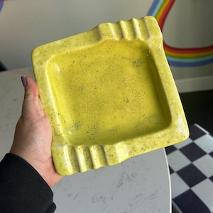 Yellow Retro Square Ceramic Ashtray 6 Rests-Ceramic Ashtray MCM Ash Tray Midcentury Modern Large Ashtray Large Ceramic Speckled Ashtray