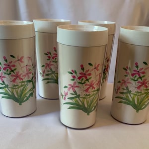 Vintage Thermo-Serv Tumblers- Watercolor Flowers Tumblers Set of 5, 1980s Kitchen Drinkware Floral Drinkware 1980s Plastic Drinkware