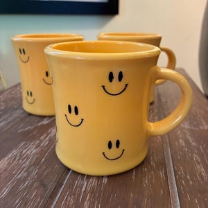 Smiley Face Coffee Cup- Plastic Yellow All Over Smiley Face Coffee Mug Happy Face Yellow Smile Cup Positive Feel Good Coffee Cup