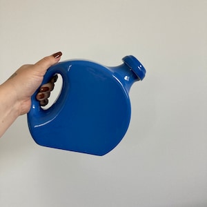 Blue Ceramic Water Jug - Vintage Cork Top Jug, Beverage Pitcher, Curved Handle Pitcher, Square Bottom