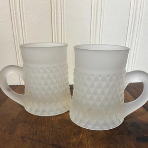 Vintage Frosted Mugs- Set of 2 Glass Diamond Point Indiana Glass 1970s Drinkware Satin Finished Mugs Hot Cold Beverage Mugs Vintage Mugs