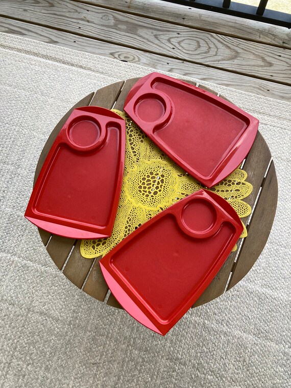 Vintage Plastic Food Trays - Set of 3 Divided Food Trays 1970's Fremware Red Plastic Snack Trays Vintage Plastic Tray Serving Tray