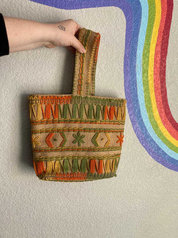 Vintage Embroidered Burlap Bag - Vintage Purse Han