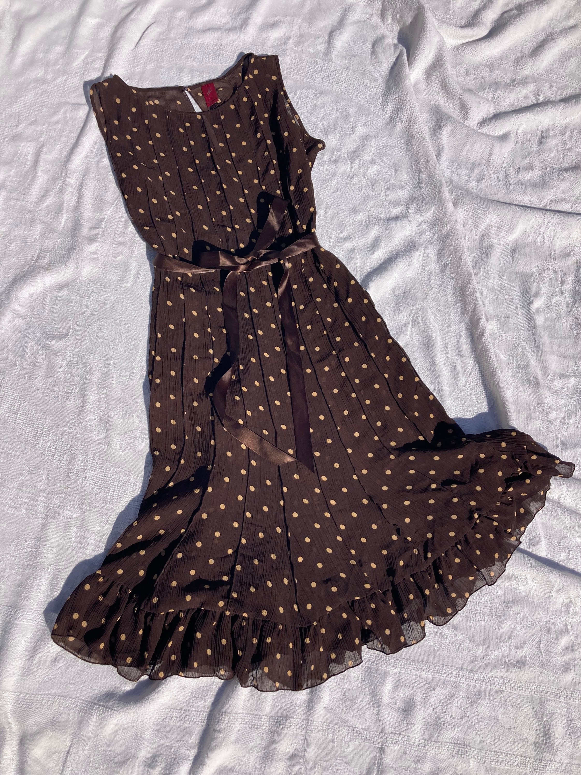 Brown Polka Dot Dress Sheer Flirty Flouncy Ruffle Z Studio Size 16 Knee Length Sleeveless Dress Etsy