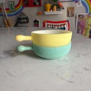 Set of 2 Glasbake Bowls- Milk Glass Bowls Lug Handle Pastel Glasbake Soup Bowls Chili Bowls Cereal Bowls Made in USA 1970s Retro Kitchen