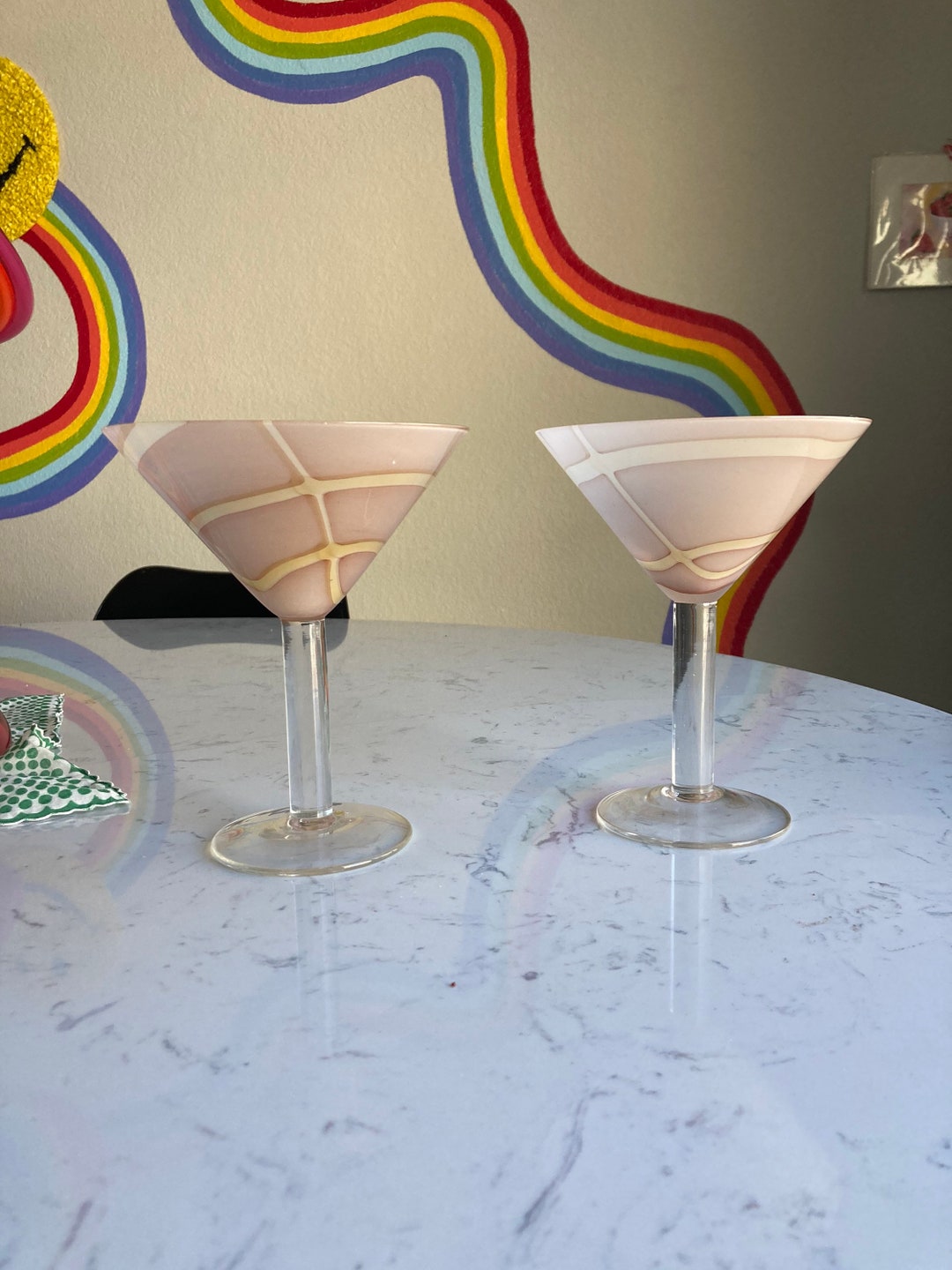 Set of Two Swirly Unique Martini Glasses Thick Stem Large Glass Tan
