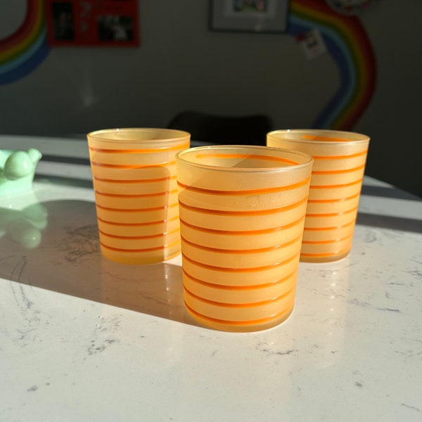Funky Orange Swirled Glasses - Set of 3 Orange Swirled Glass Orange Swirly Striped Drinking Glass Unique Water Glass Bright Drinkware