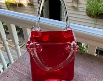 Vintage Red Glass Purse Vase- Murano Style Art Glass Vase 1990's