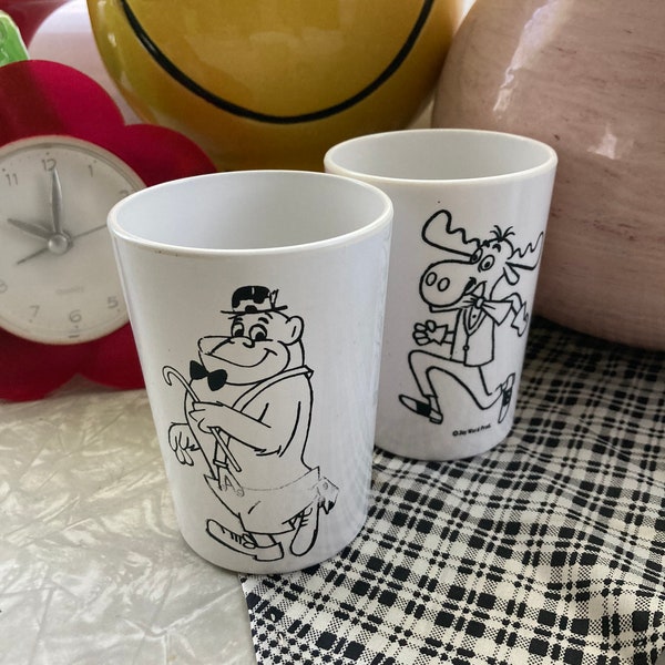 Vintage Cartoon Melmac Cups - 1960s Bullwinkle Moose Rare Magilla Gorilla Plastic Hanna-Barbera Kids Cartoon Character Juice Breakfast