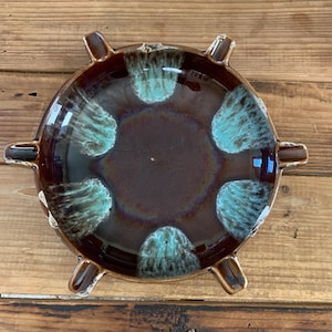 Large Brown Teal Ashtray- Midcentury Drip Glaze Ashtray Vintage Ashtray Smoker Ashtray Funky Ashtray Ceramic Ashtray Midcentury Modern Home