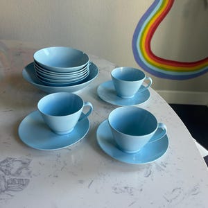 Blue Melmac Set- Retro Melamine Baby Blue Cups Saucers and Bowls 1960s Melamine Dinnerware Set Breakfast Tea Coffee Set Camper RV Dishes