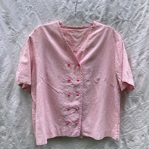 Vintage Pink Seersucker Shirt - Cute Pink White Striped Sears Top Button Front Casual Blouse Made in USA Short Sleeved Top