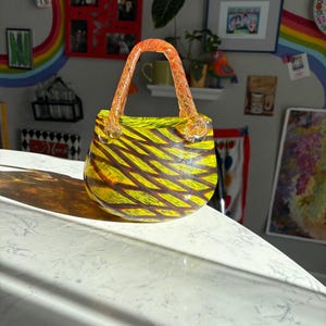 Vibrant Glass Purse Vase - Art Glass Flower Vase Glass Purse Vase Housewarming Hostess Gift Bouquet Flower Vase Striped Glass Purse Vase