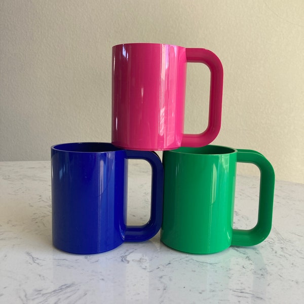 Set of 3 1970s Heller Max Mugs - Colorful Funky Vintage Plastic Coffee Cup Tea Mug Made in USA Blue Pink Green by Massimo Vignelli