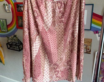 Pink Patchwork Print Skirt - Vintage Knee Length Skirt Patchwork Style Short Skirt Patch Work Printed Skirt Elastic Waist Skirt Work Outfit