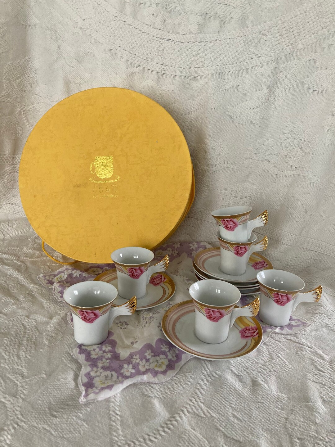 12 Piece Gold Floral Espresso Coffee Tea Set - CC&T 1980s