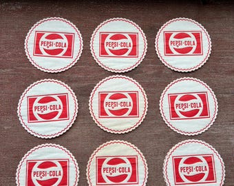 Vintage Pepsi Cola Coasters - Rare Set of 9 Fabric Paper 1960s-1970s Pepsi Cola Coasters One Use Cream And Red Retro Bar Decor Vintage Paper