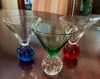 Bubble Glass Martini Glass - Red Cobalt Green Unique Barware Vintage Bar Cart