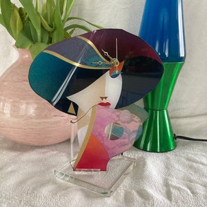 Rare 1980s Memphis Milano Style Table Clock - Vintage Lucite Italian Style Modern George Sowden Collaboration Woman Face Postmodern Decor