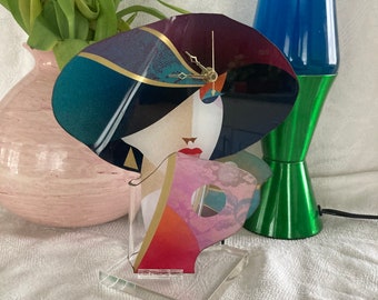 Rare 1980s Memphis Milano Style Table Clock - Vintage Lucite Italian Style Modern George Sowden Collaboration Woman Face Postmodern Decor