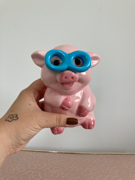 Ceramic Piggy Bank with Glasses - Cute Pig Piggy Bank Coin Bank Change Bank Farm Decor Pig Decor Small Piggy Bank