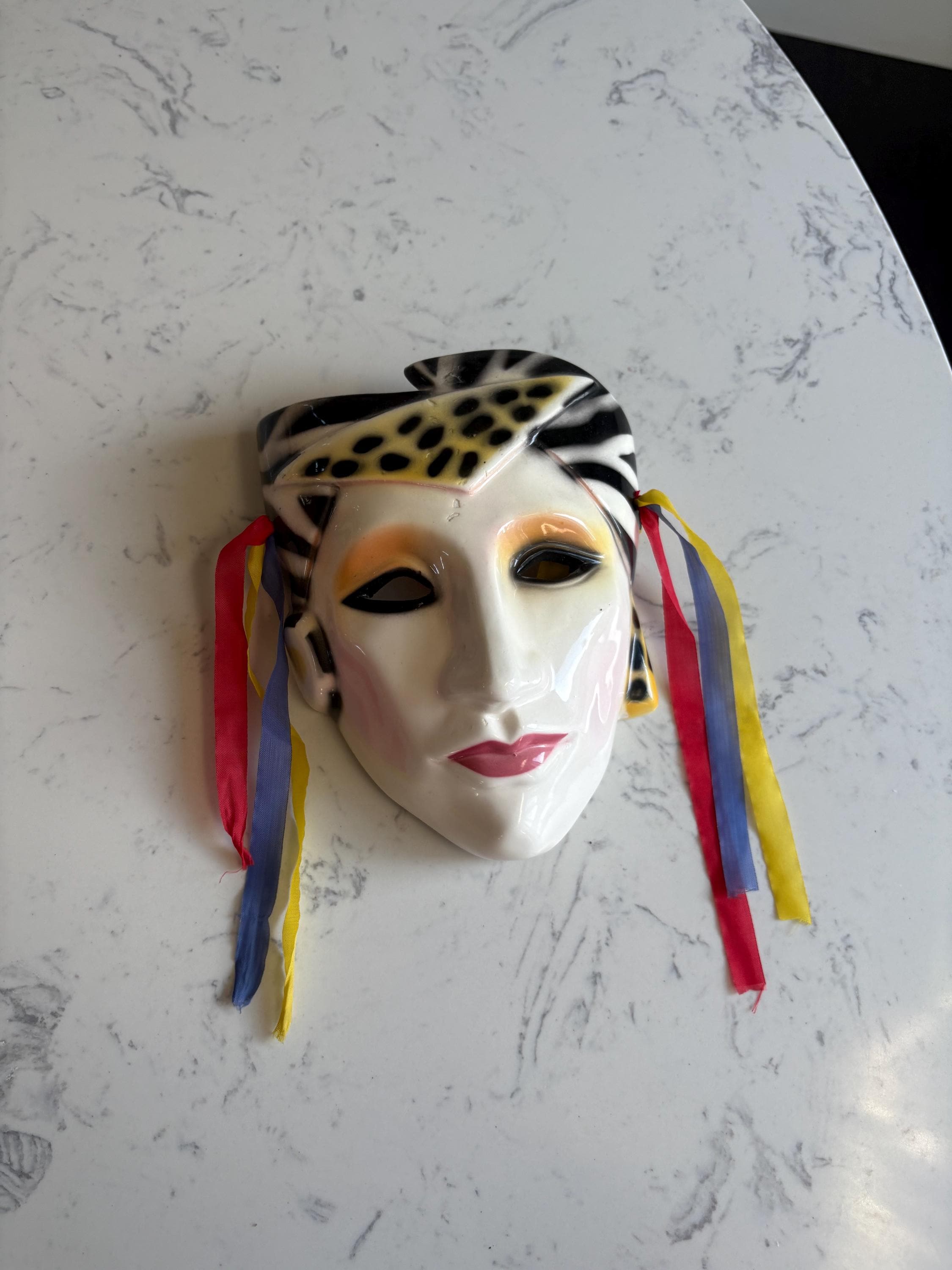 Vintage 80s Porcelain Wall Mask – Zebra Leopard Print, Masquerade