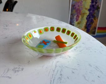 Cuenco decorativo de vidrio con arte contemporáneo Cuenco de arte abstracto Arte moderno Arte ecléctico Arte multicolor Recipiente para guardar todo tipo de objetos Plato para guardar baratijas
