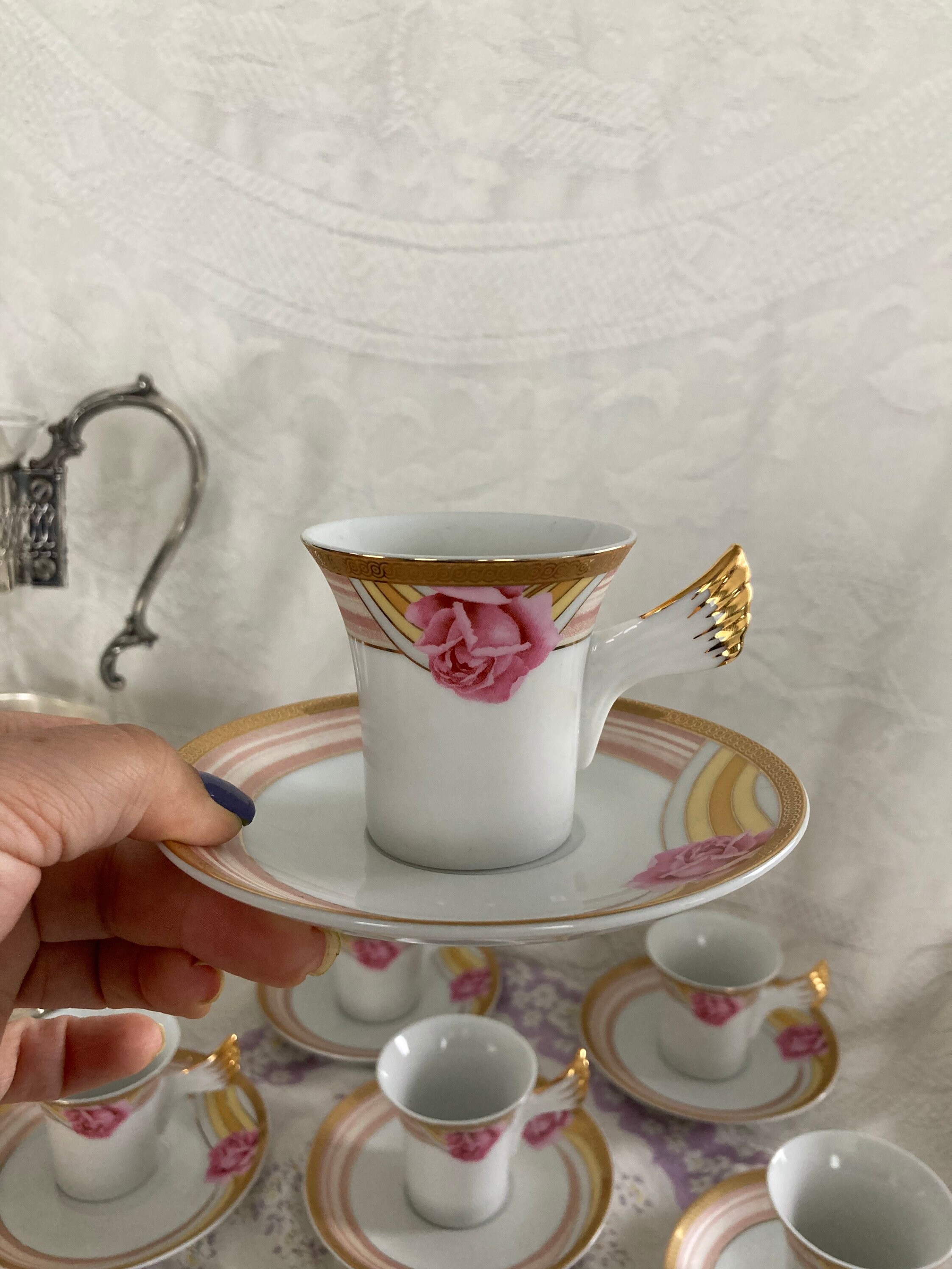 12 Piece Gold Floral Espresso Coffee Tea Set - CC&T 1980s