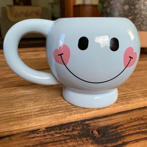 Smiley Face Mug - Baby Blue Pink Hearts Retro Smile Happy Face Mug Ceramic Coffee Tea Cup Baby Shower Birthday Gift