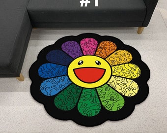 Murakami Flower Rainbow Hypebeast Round Plush Non-slip Area Rug Carpet Living Room Bedroom Doormat Office Mat Decor Gift