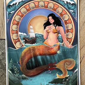Siren and Ship Art Nouveau inspired print; Siren art, Mermaid art, siren print, mermaid print, ocean print, ocean art