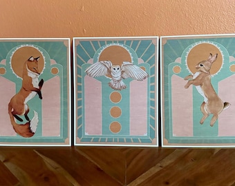 Woodland animal wall art bundle, 3 prints, fox owl and bunny print set