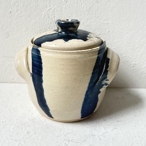 Blue and Beige Signed Studio Pottery Lidded Crock Container Cannister