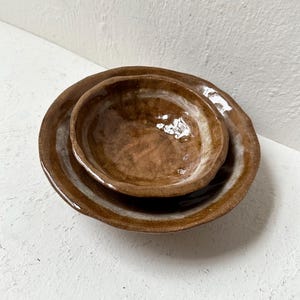 Pair of Signed Brown and White Studio Pottery Serving Bowls with Crazing