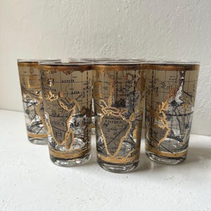 Vintage Mid-century Cera Collectable World Map Highball Cocktail Bar Cart Decor Glassware, Set of Six