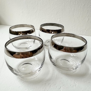 Vintage Midcentury  Silver Stripe Roly Poly Glasses Vintage Barware Set of Four