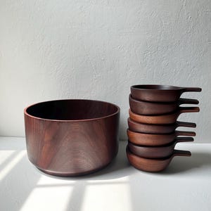 Vintage Large Wooden Salad Serving Bowl Set Hand Crafted Mid-Century Rustic
